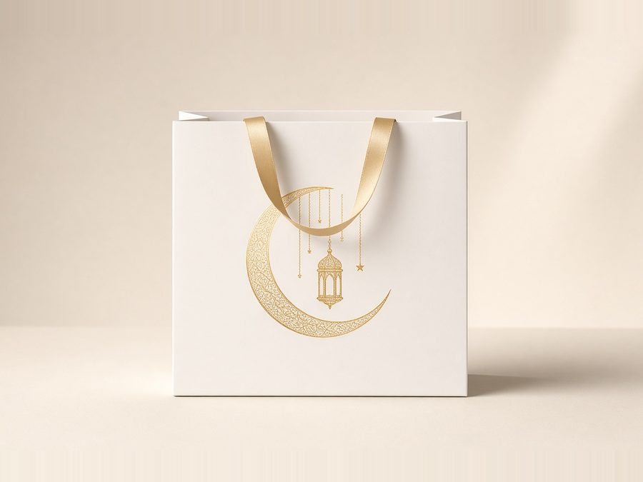 White cardboard gift bag design concept with gold-foil crescent and ribbon handles